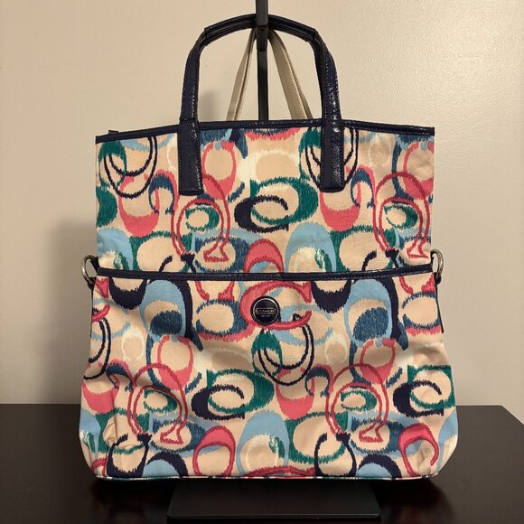 Coach Signature Ikat Scribble C Navy Blue Patent Leather Foldover Tote - Picture 1 of 15